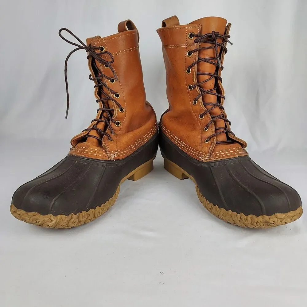LL Bean Boots Mens Size 9 Tan Leather Brown Duck Boot 10in Made Maine